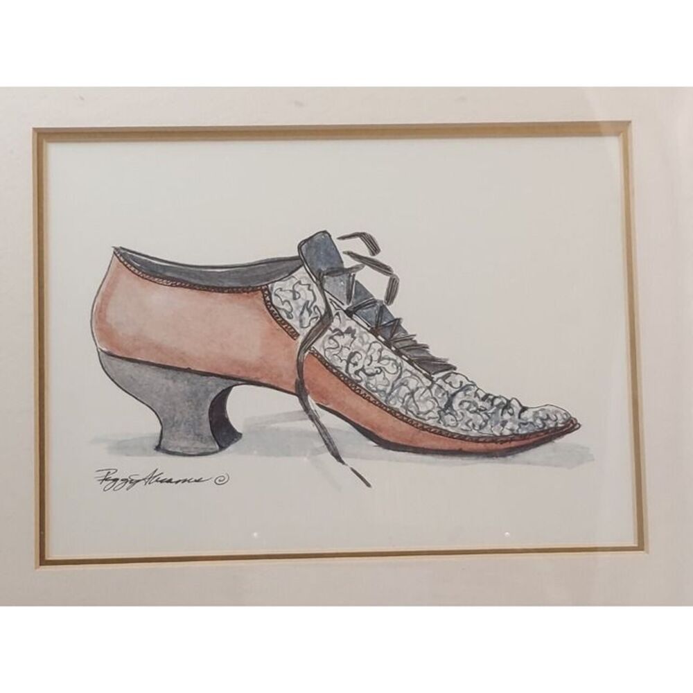 Peggy Abrams Watercolor Victorian Shoes Set of 2 Signed and Framed